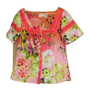 Floral Peasant Blouse Cotton Top Button Front Shirt M Short Sleeve Pastel Spring